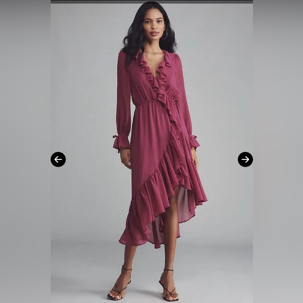 Long-Sleeve Ruffled Asymmetric Midi Dress - Purple